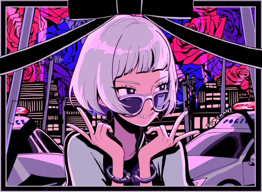 1girl, bangs, black_eyes, blue_flower, blue_rose, bright_pupils, building, cuffs