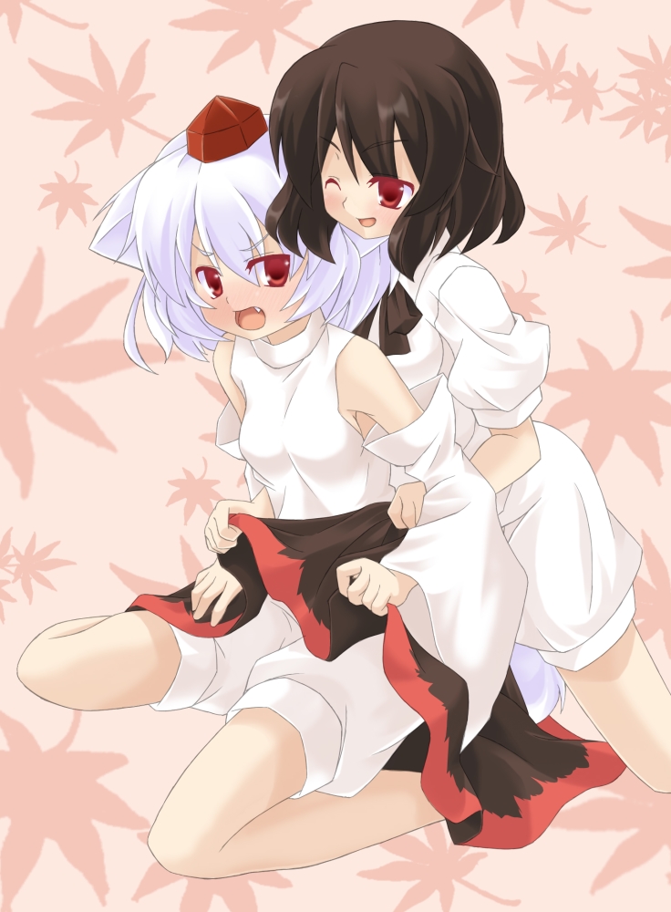 animal_ears, bad_id, black_hair, blush, detached_sleeves, gumoyu, hat, inubashiri_momiji