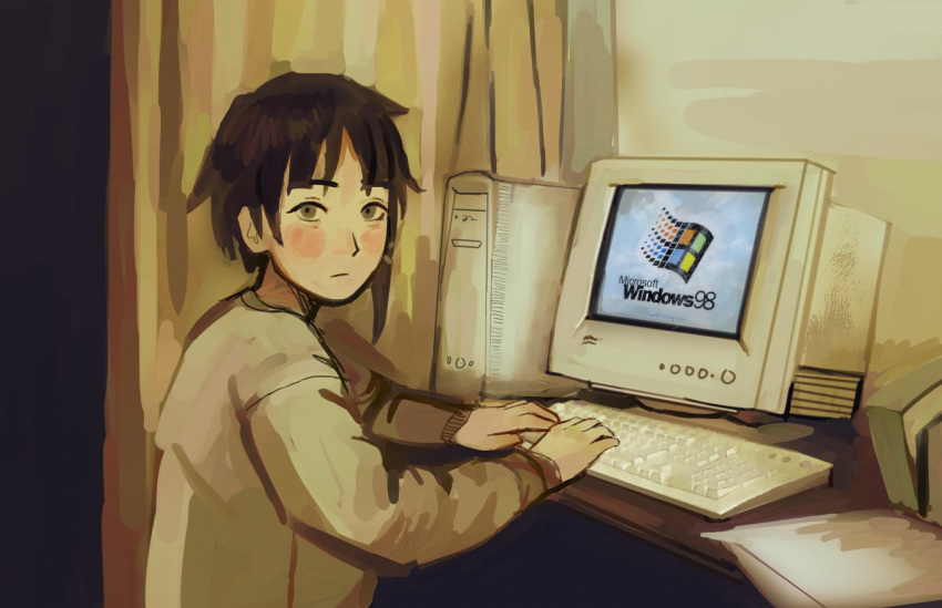 1girl, blush, brown_eyes, brown_hair, closed_mouth, computer, curtains, hair_ornament
