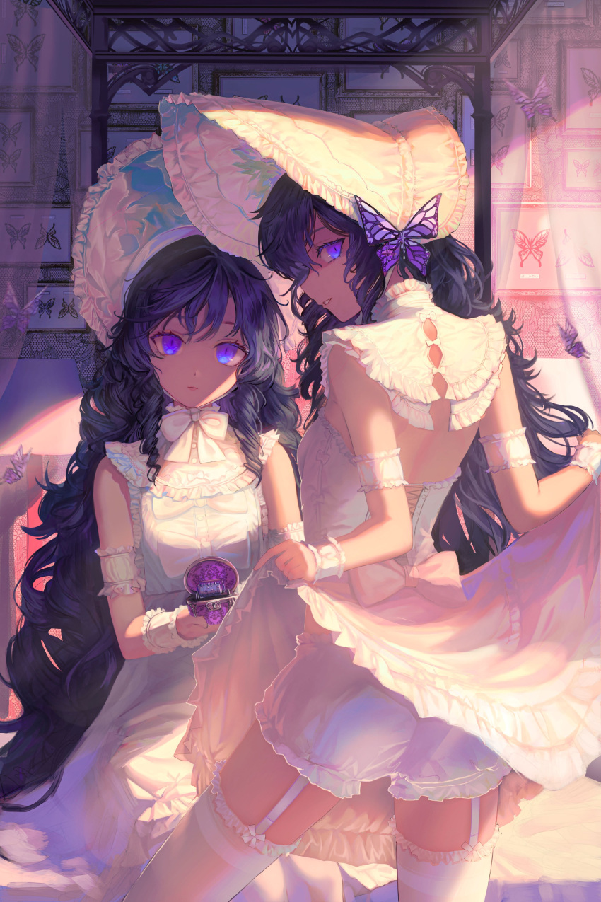 2girls, absurdres, blue_eyes, blue_hair, bonnet, breasts, bug, butterfly