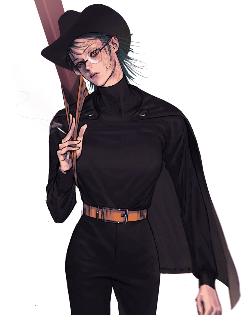 1girl, black_capelet, black_headwear, black_pants, black_shirt, brown_eyes, burn_scar, capelet