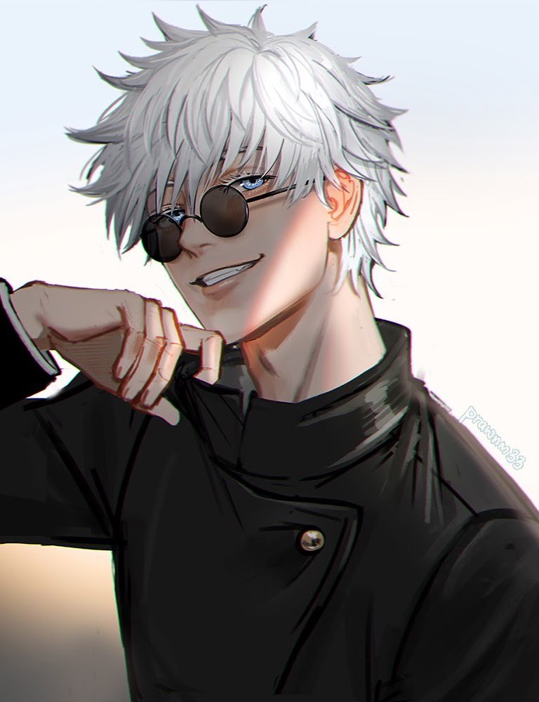 1boy, bangs, black_jacket, blue_eyes, gakuran, gojou_satoru, grin, hair_between_eyes