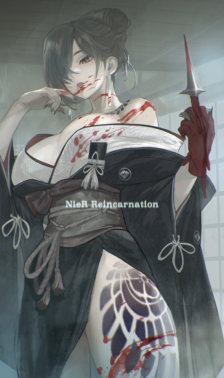 1girl, akeha_(nier_reincarnation), bare_shoulders, black_nails, blood, blood_on_face, bloody_clothes, bloody_hands
