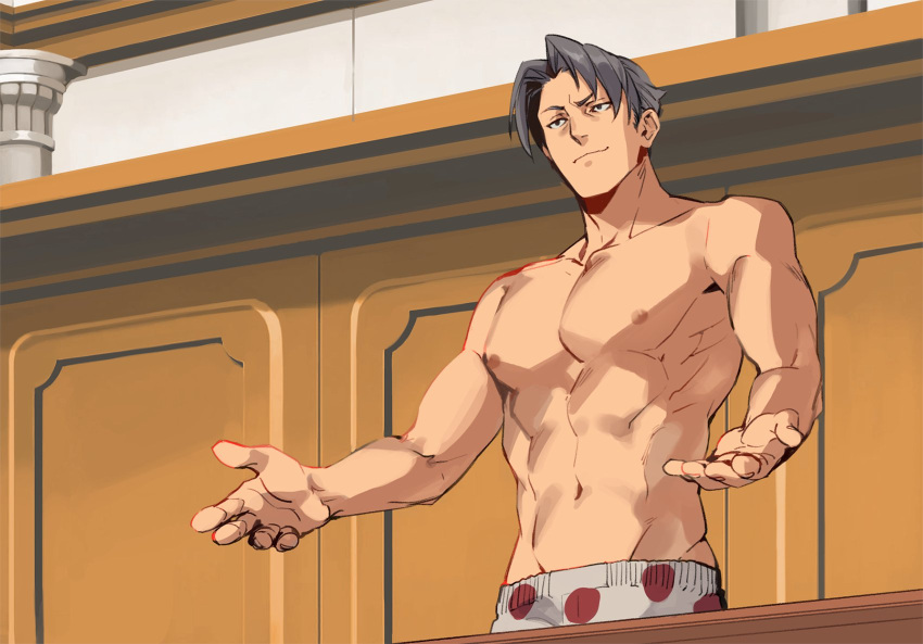 1boy, abs, bangs, black_eyes, closed_mouth, commentary, courtroom, english_commentary, fingernails, grey_hair, gyakuten_saiban, highres, indoors, male_focus, male_underwear, mitsurugi_reiji, navel, nipples, parody, parted_bangs, pectorals, polka_dot, polka_dot_underwear, raised_eyebrow, short_hair, smirk, solo, spongebob_squarepants, toned, toned_male, underwear, underwear_only, worvies