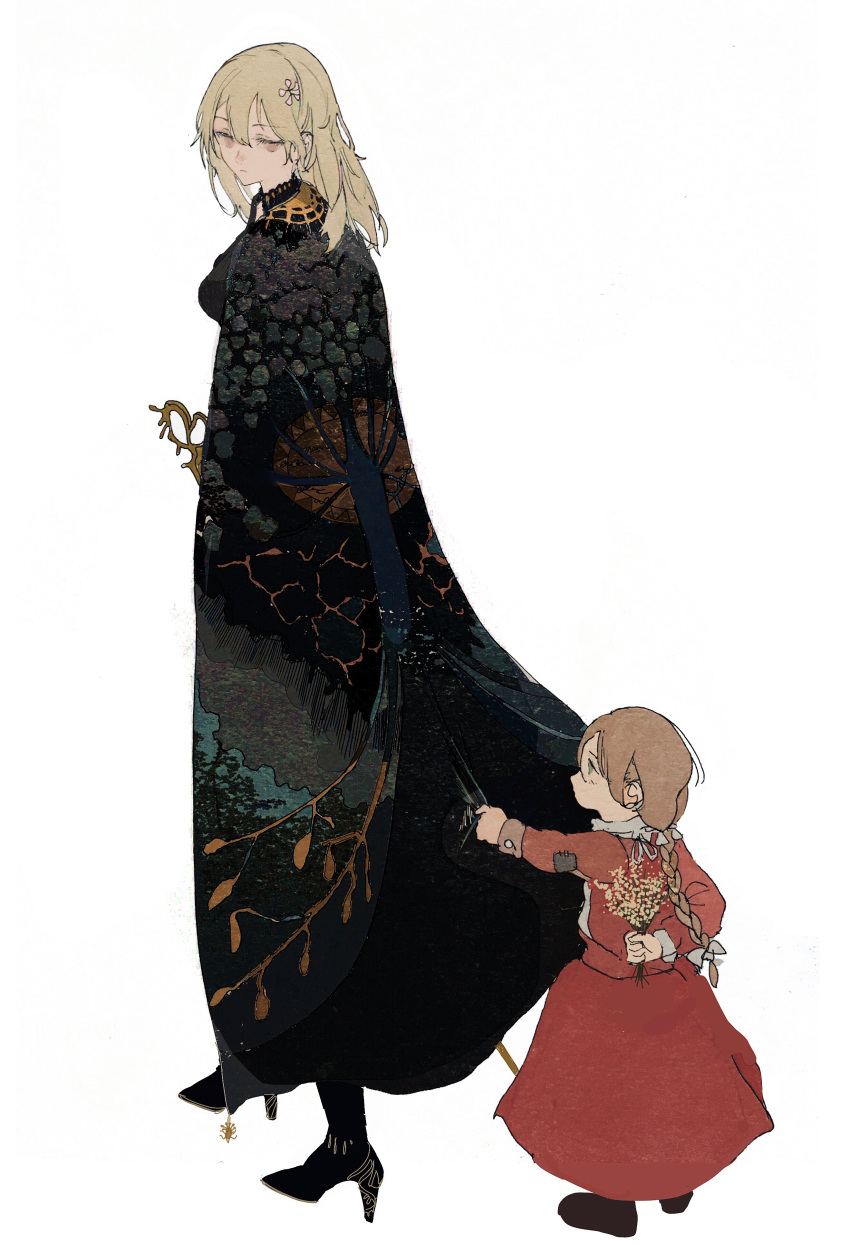 2girls, absurdres, age_difference, black_cape, black_footwear, blonde_hair, braid, braided_ponytail