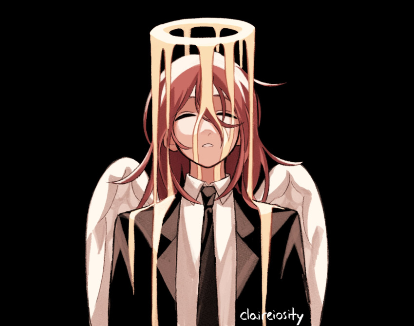 1boy, angel, angel_devil_(chainsaw_man), angel_wings, artist_name, bangs, black_background, black_jacket