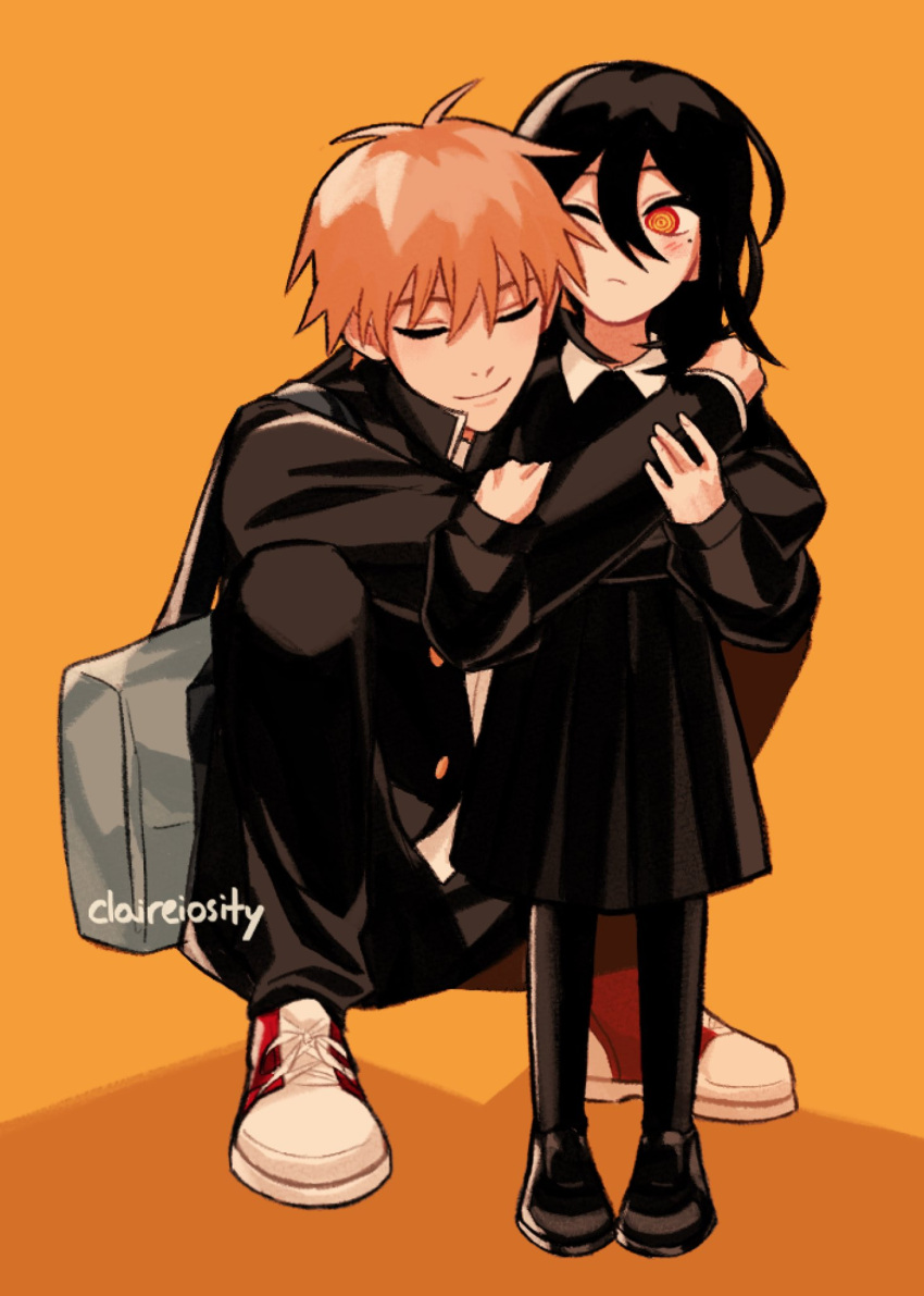 1boy, 1girl, artist_name, bag, bangs, black_footwear, black_hair, black_jacket