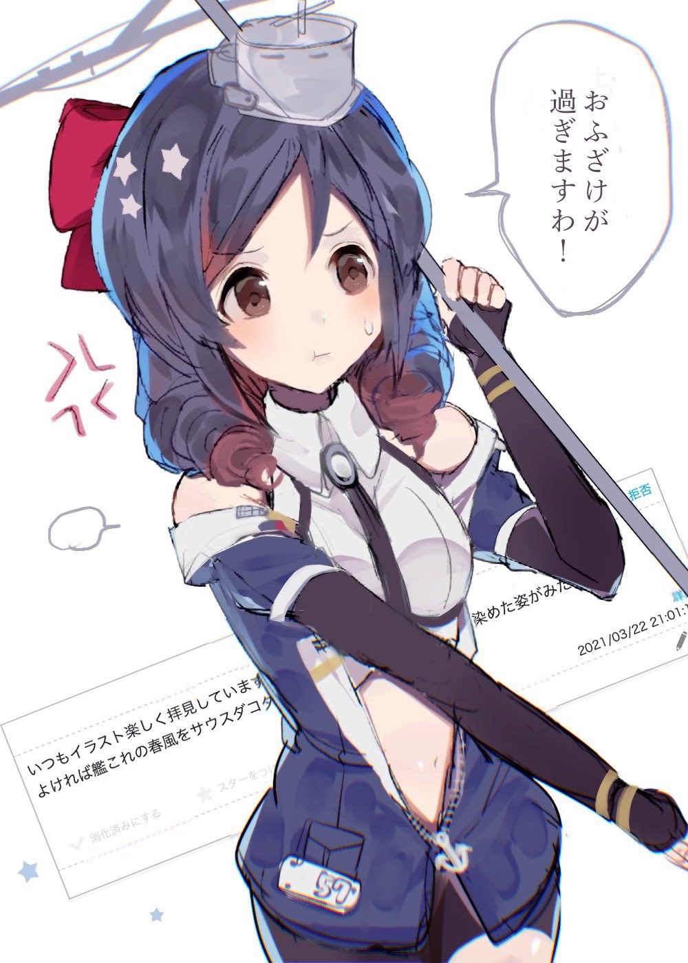 1girl, :t, anger_vein, bangs, black_neckwear, blue_hair, blush, bow