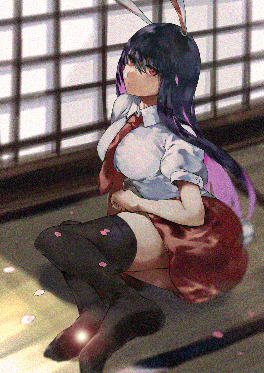 1girl, alternate_hair_color, animal_ears, ass, asuzemu, bangs, black_hair, black_legwear