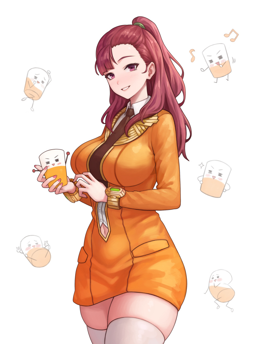 1girl, =_=, absurdres, arin_sel, asymmetrical_bangs, bangs, breasts, dress, gm_orangeade, grin, highres, large_breasts, last_origin, looking_at_viewer, musical_note, necktie, one_side_up, orange_dress, orange_juice, orangeade_(last_origin), ponytail, redhead, simple_background, smile, thigh-highs, violet_eyes, white_background, white_legwear