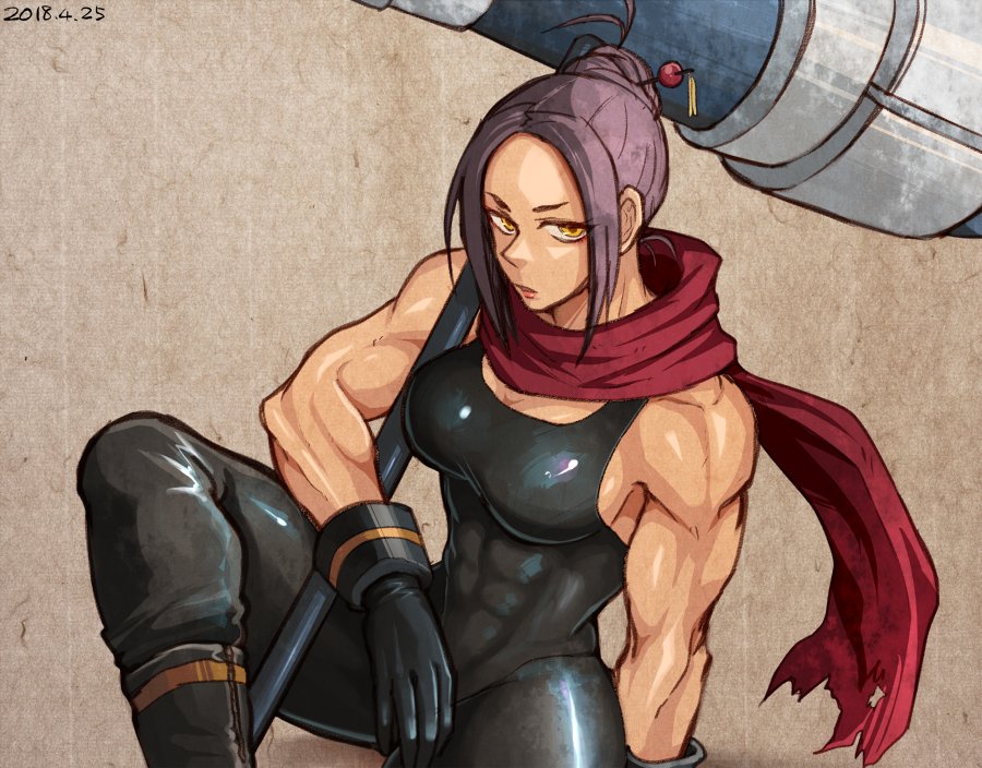 1girl, biceps, black_gloves, black_hair, breasts, covered_abs, dated, gloves, hair_bun, hair_ornament, hair_stick, hammer, holding, holding_hammer, huge_weapon, large_breasts, looking_at_viewer, metal_slug, metal_slug_attack, muscular, muscular_female, red_scarf, sasisage, scarf, short_hair, sitting, skin_tight, solo, weapon, yellow_eyes, yoshino_(metal_slug)