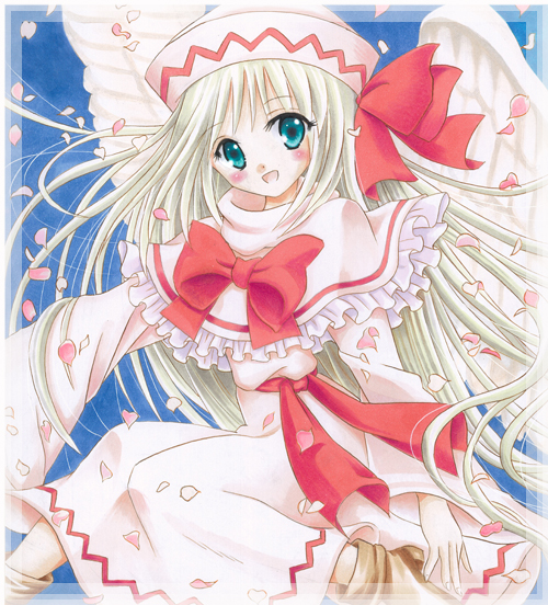 aqua_eyes, bad_id, blonde_hair, capelet, colored_pencil_(medium), dress, frills, hat