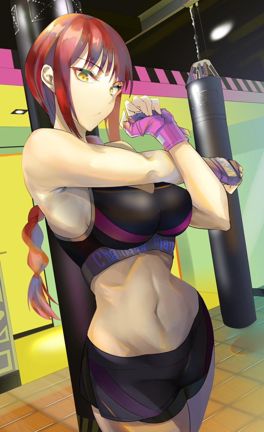 1girl, absurdres, asuo, black_shorts, black_sports_bra, braid, braided_ponytail, breasts