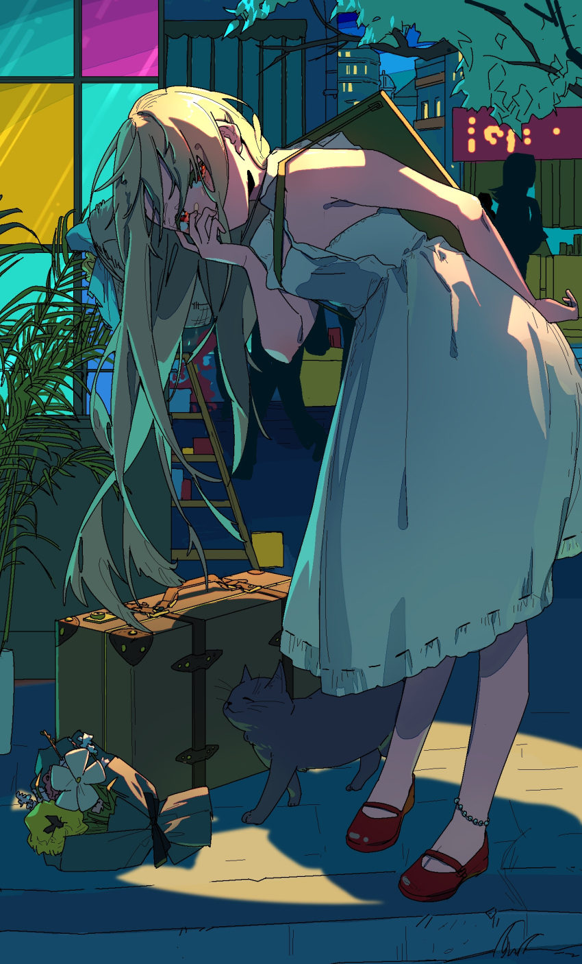 1girl, animal, anklet, arm_behind_back, ascii_media_works, bangs, bent_over, blonde_hair