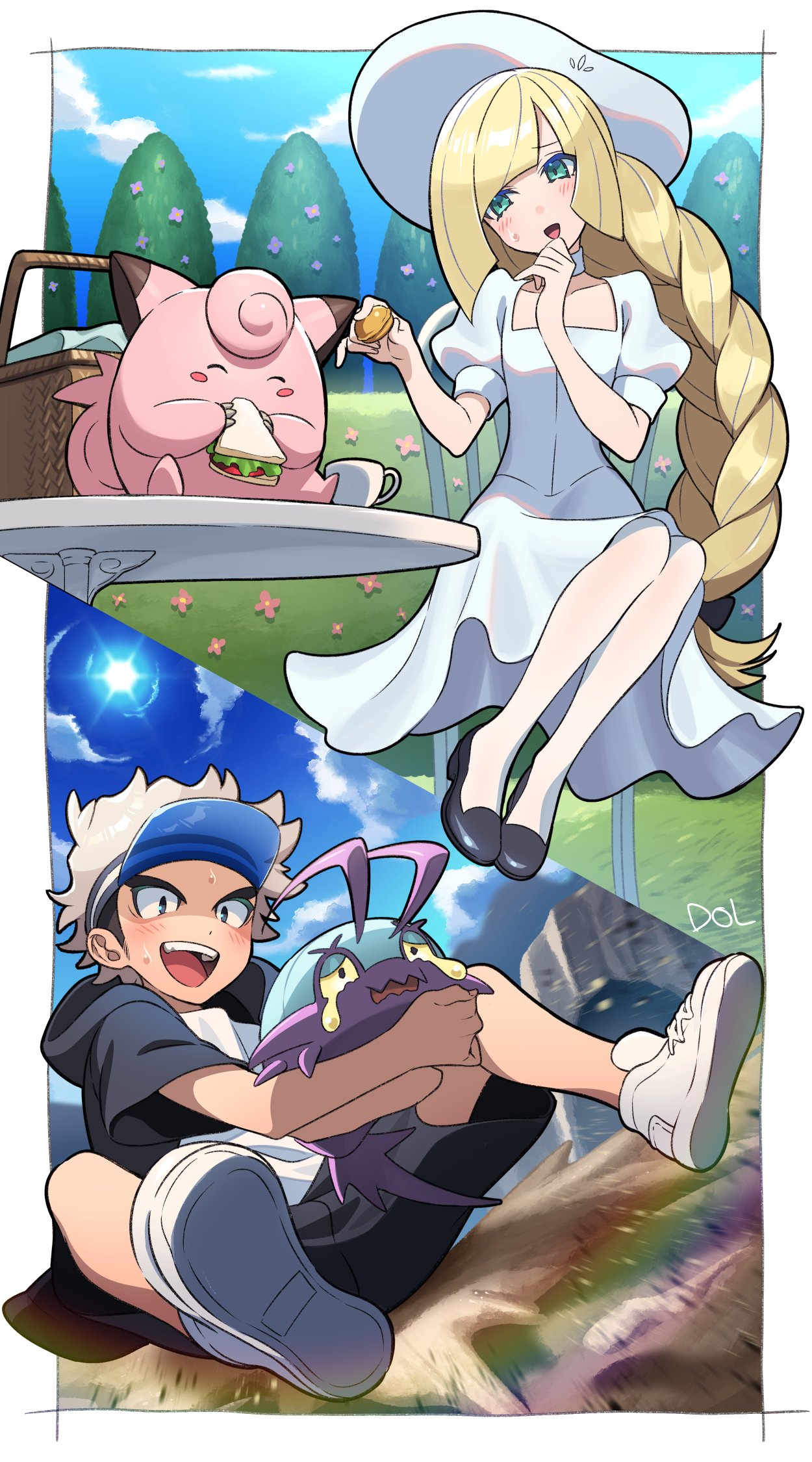 1boy, 1girl, :d, black_footwear, black_hair, black_shorts, blonde_hair, blue_headwear