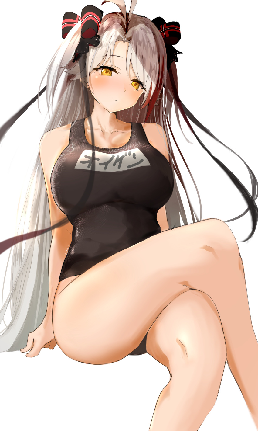 1girl, absurdres, ahoge, arms_behind_back, azur_lane, bare_legs, black_swimsuit, blush
