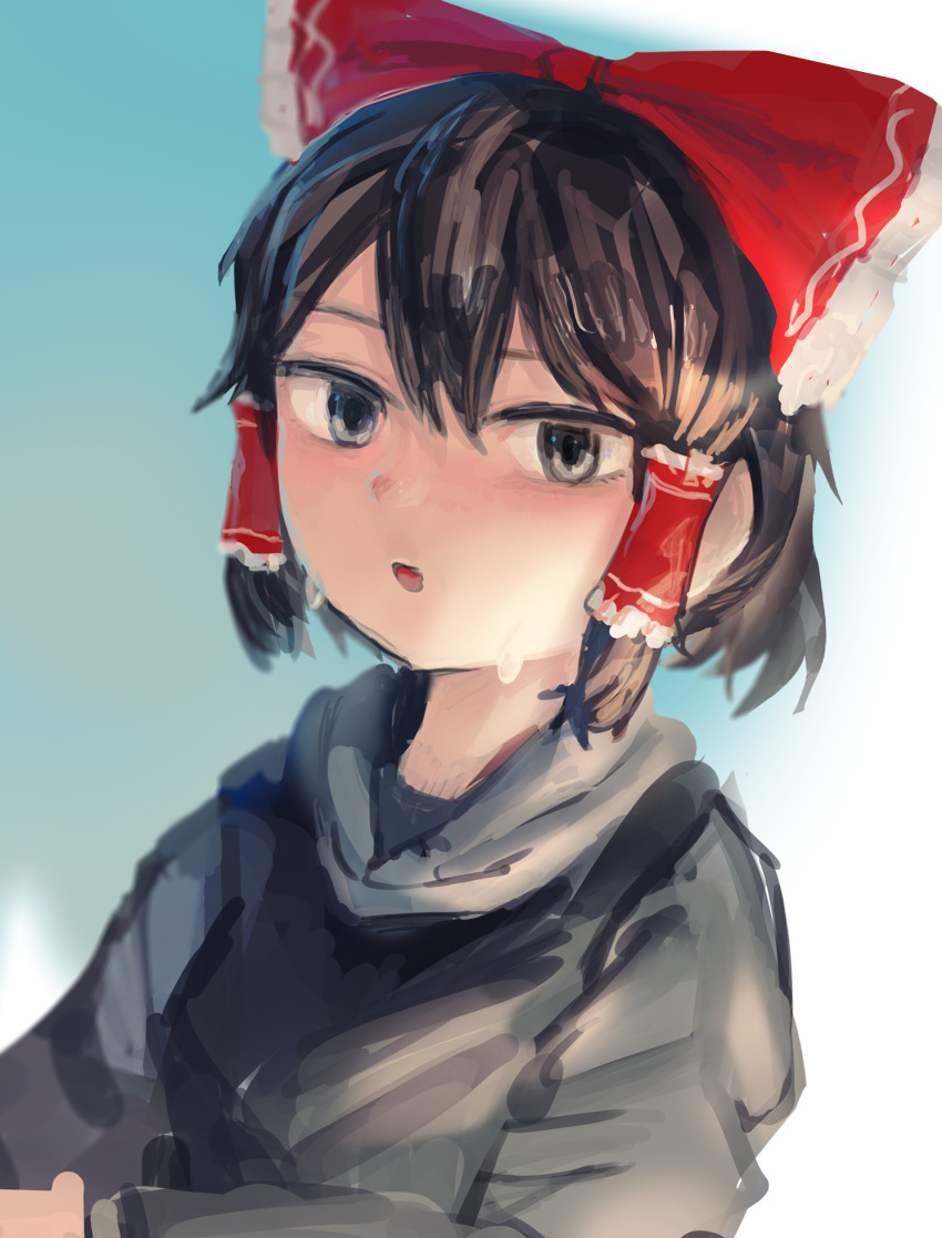 1girl, bangs, black_eyes, black_hair, black_hoodie, blue_background, blush, bow