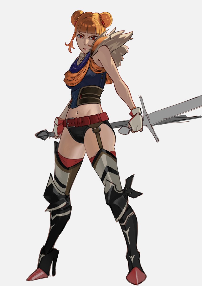 1girl, angry, armor, bare_shoulders, boots, double_bun, full_body, hair_bun