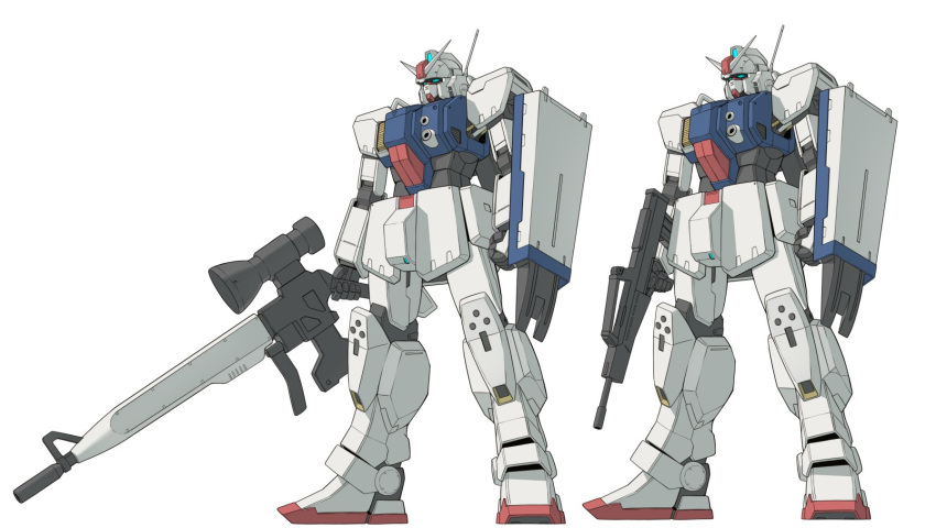 beam_rifle, blue_eyes, clenched_hand, energy_gun, ground_gundam, gun, gunblade, gundam, gundam_08th_ms_team, highres, holding, holding_gun, holding_shield, holding_sword, holding_weapon, mecha, mobile_suit, no_humans, radio_antenna, science_fiction, shield, sword, takahashi_masaki, v-fin, weapon, white_background
