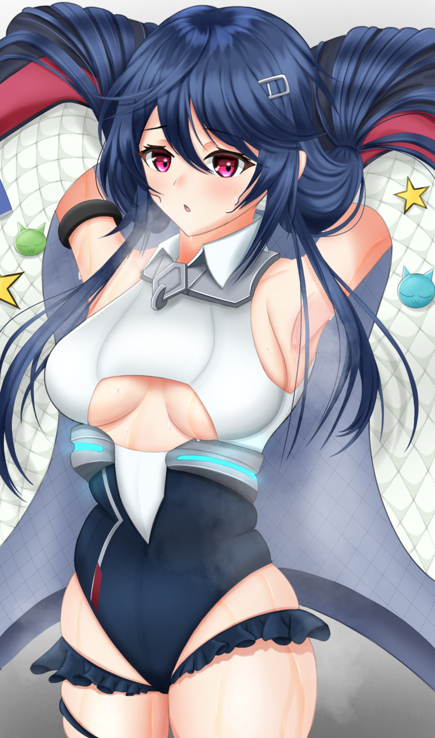 1girl, :o, allen_m._sumner_(azur_lane), arm_strap, armpits, arms_behind_head, arms_up, azuma_(sospower73), azur_lane, badge, bangs, bare_shoulders, black_coat, black_leotard, blue_hair, blush, breasts, button_badge, clothing_cutout, coat, collarbone, collared_leotard, commentary, cowboy_shot, eyebrows_visible_through_hair, frilled_leotard, frills, grey_background, hair_between_eyes, hair_ornament, hairclip, highres, leotard, long_hair, long_sleeves, looking_at_viewer, low_twintails, medium_breasts, off_shoulder, open_clothes, open_coat, red_eyes, red_scarf, scarf, sidelocks, simple_background, skindentation, solo, standing, sweat, thigh_strap, twintails, two-tone_leotard, under_boob, underboob_cutout, white_leotard