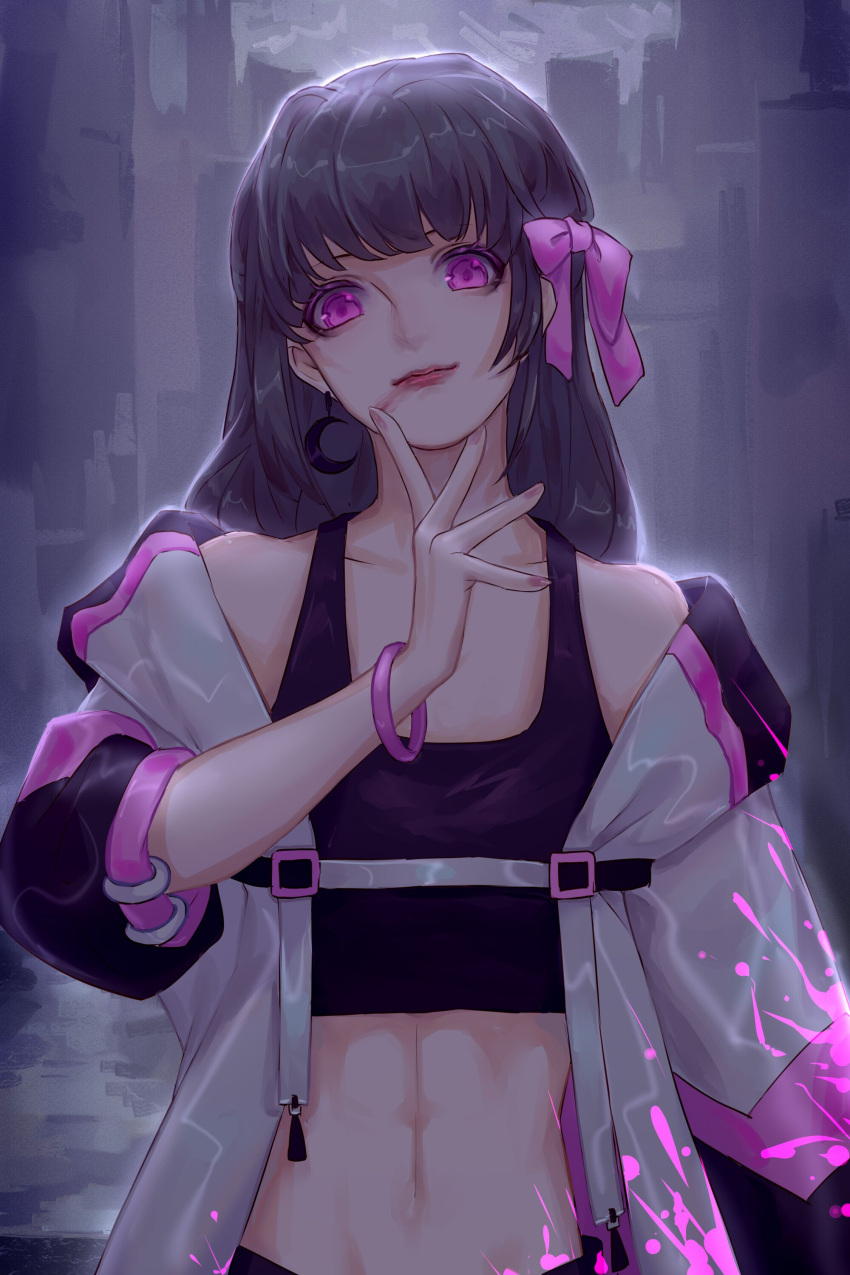 1girl, absurdres, bangle, bangs, bare_shoulders, black_hair, black_tank_top, bow