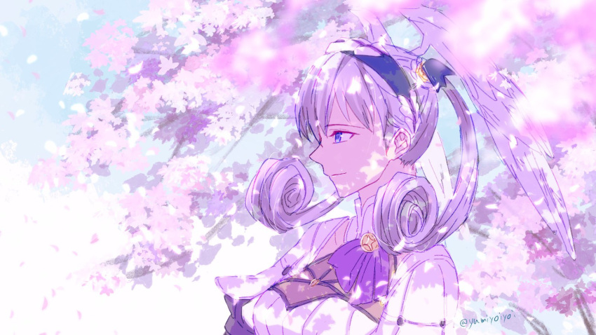 1girl, blue_eyes, braid, breasts, cape, cherry_blossoms, crown_braid, curly_hair