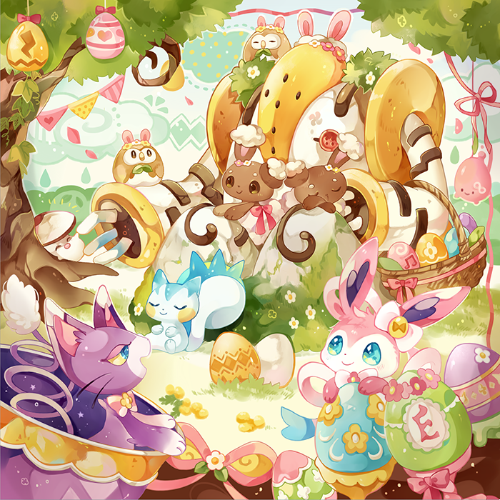basket, blue_eyes, blush, bow, buneary, closed_eyes, closed_mouth, coco7