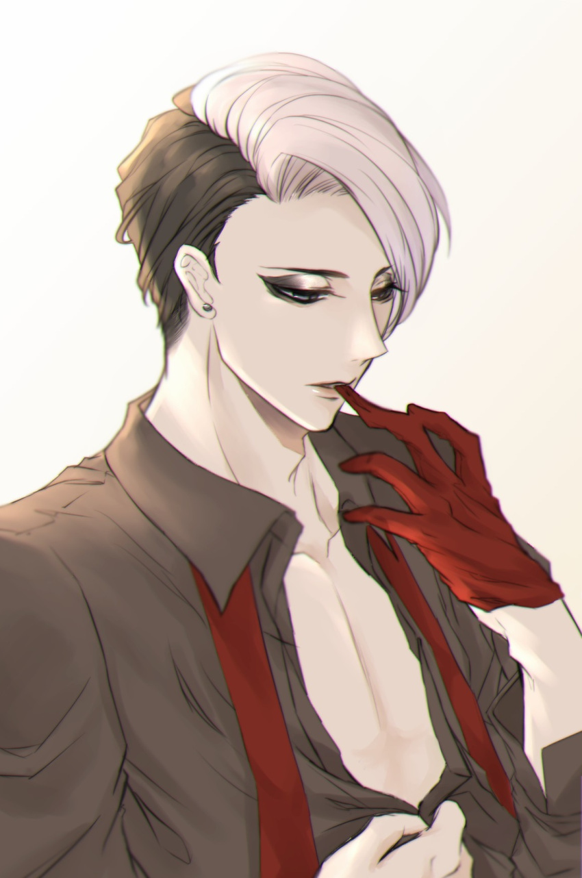 1boy, ameyu_(ame12y), black_hair, black_shirt, divus_crewel, earrings, eyeshadow, gloves, highres, jewelry, long_sleeves, makeup, male_focus, multicolored_hair, necktie, red_gloves, red_neckwear, shirt, simple_background, solo, twisted_wonderland, two-tone_hair, upper_body, vest, white_background, white_hair
