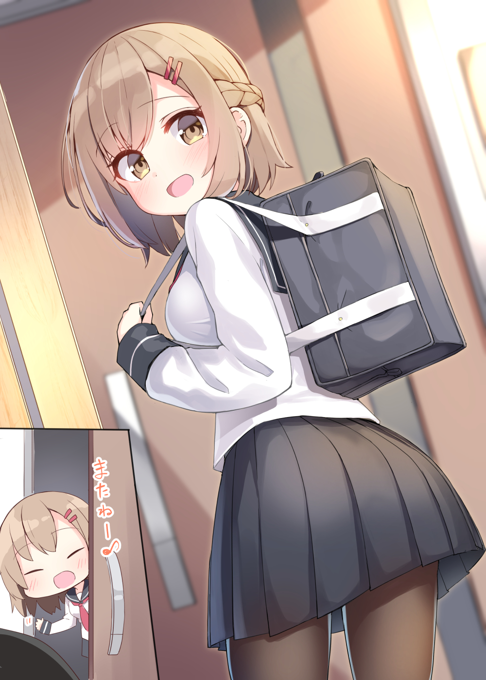 1girl, :d, ass, backpack, bag, bangs, black_bag, black_legwear