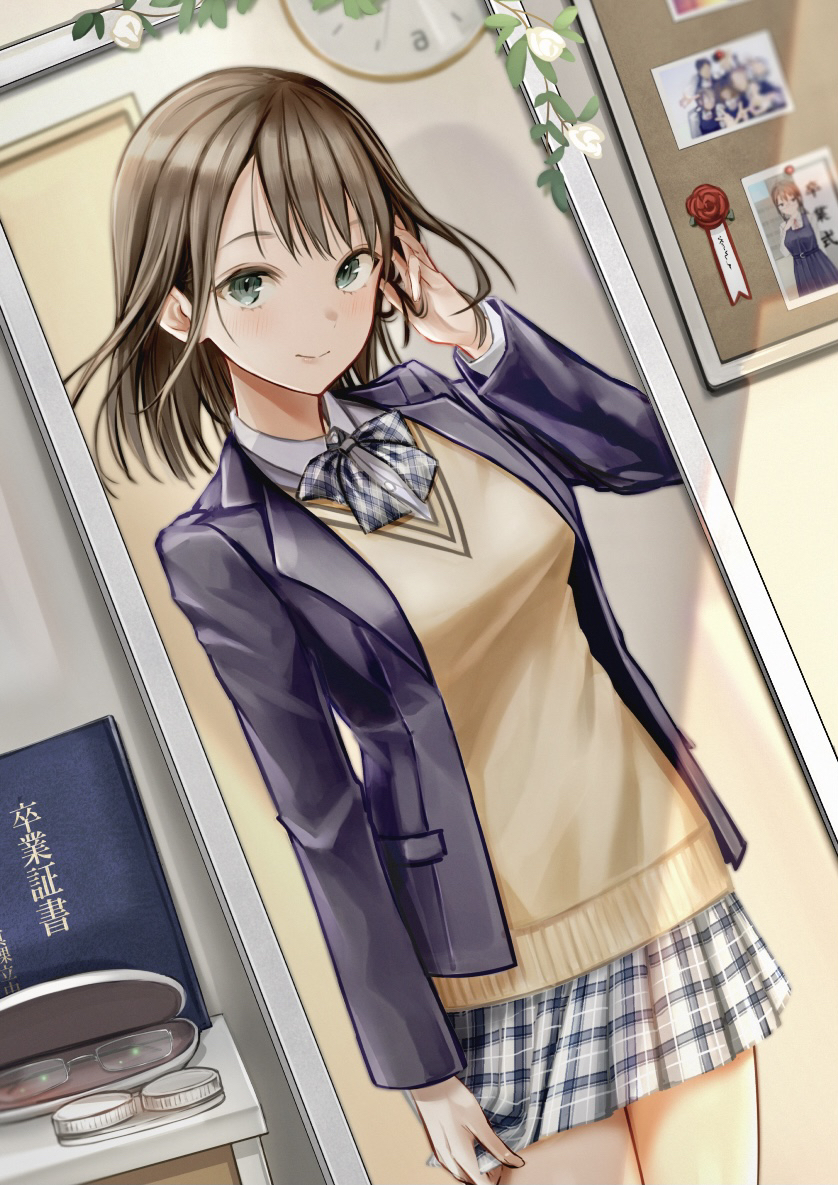 1girl, bangs, blue_jacket, bow, breasts, brown_hair, clock, closed_mouth, collared_shirt, commentary_request, eyebrows_visible_through_hair, flower, glasses, glasses_case, green_eyes, hand_up, indoors, jacket, long_hair, long_sleeves, looking_at_viewer, mappaninatta, medium_breasts, mirror, open_clothes, open_jacket, original, photo_(object), plaid, plaid_bow, plaid_skirt, pleated_skirt, red_flower, red_rose, reflection, rose, school_uniform, shirt, skirt, smile, solo, sweater_vest, wall_clock, white_flower, white_shirt, white_skirt
