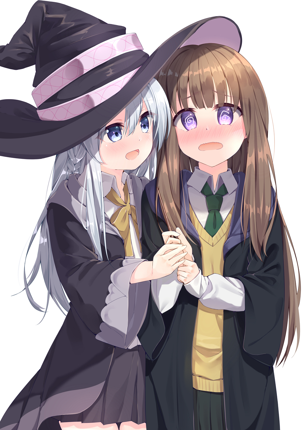 2girls, @_@, bangs, black_headwear, black_robe, black_skirt, blue_eyes, blunt_bangs