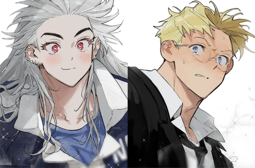 1boy, 1girl, blush, cross, dorohedoro, earrings, inverted_cross, jewelry, long_hair, looking_at_viewer, muscular, muscular_female, noi_(dorohedoro), odagorom, red_eyes, shin_(dorohedoro), simple_background, smile, stitches, tall_female, white_hair