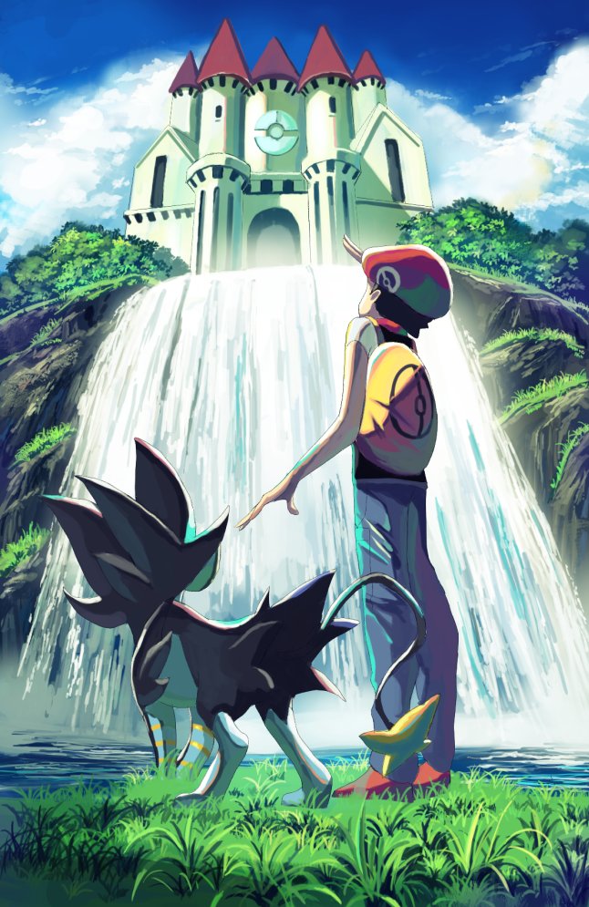1boy, arm_up, backpack, bag, black_hair, building, clouds, commentary_request, day, from_below, gen_4_pokemon, grass, hat, lucas_(pokemon), luxray, male_focus, outdoors, pants, pokemon, pokemon_(creature), pokemon_(game), pokemon_dppt, red_footwear, red_headwear, rowdon, shoes, short_hair, short_sleeves, sky, standing, water, waterfall, yellow_bag