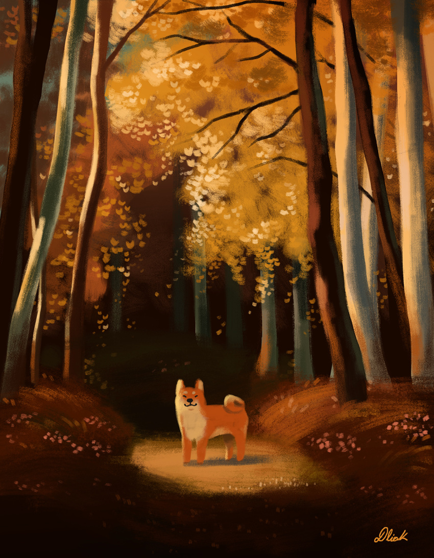 ^_^, animal_focus, backlighting, closed_eyes, closed_mouth, dliok, dog, facing_viewer, forest, highres, nature, no_humans, no_lineart, original, outdoors, scenery, shadow, shiba_inu, signature, smile, solo, standing, tree, |3