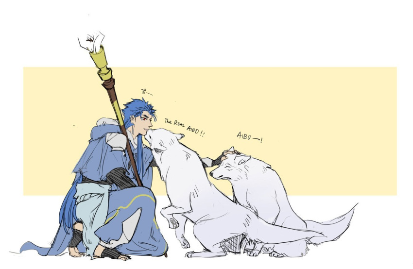 1boy, 2others, blue_hair, capelet, cu_chulainn_(fate)_(all), cu_chulainn_(fate/grand_order), earrings, english_text