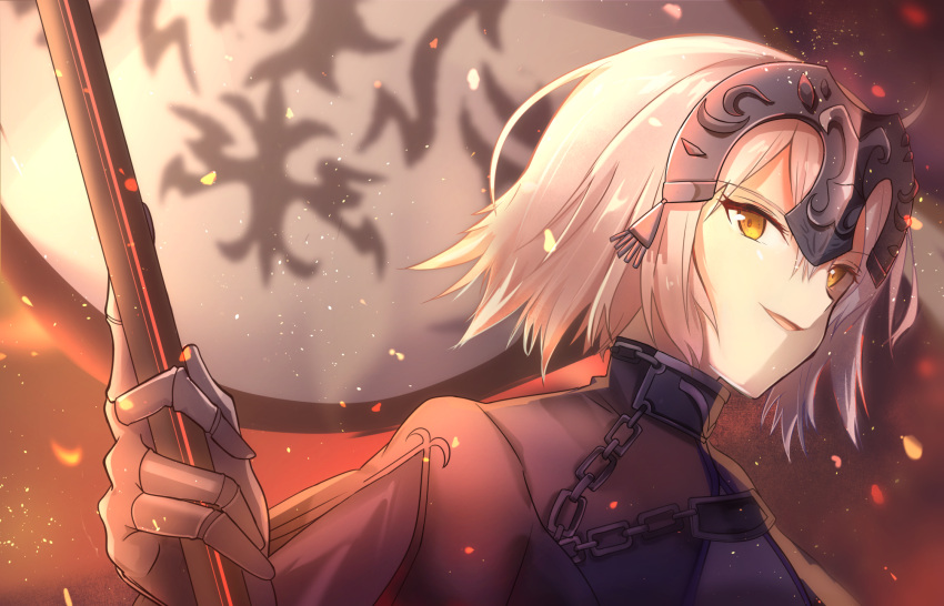 1girl, armor, armored_dress, chain, fate/grand_order, fate_(series), fire, flag