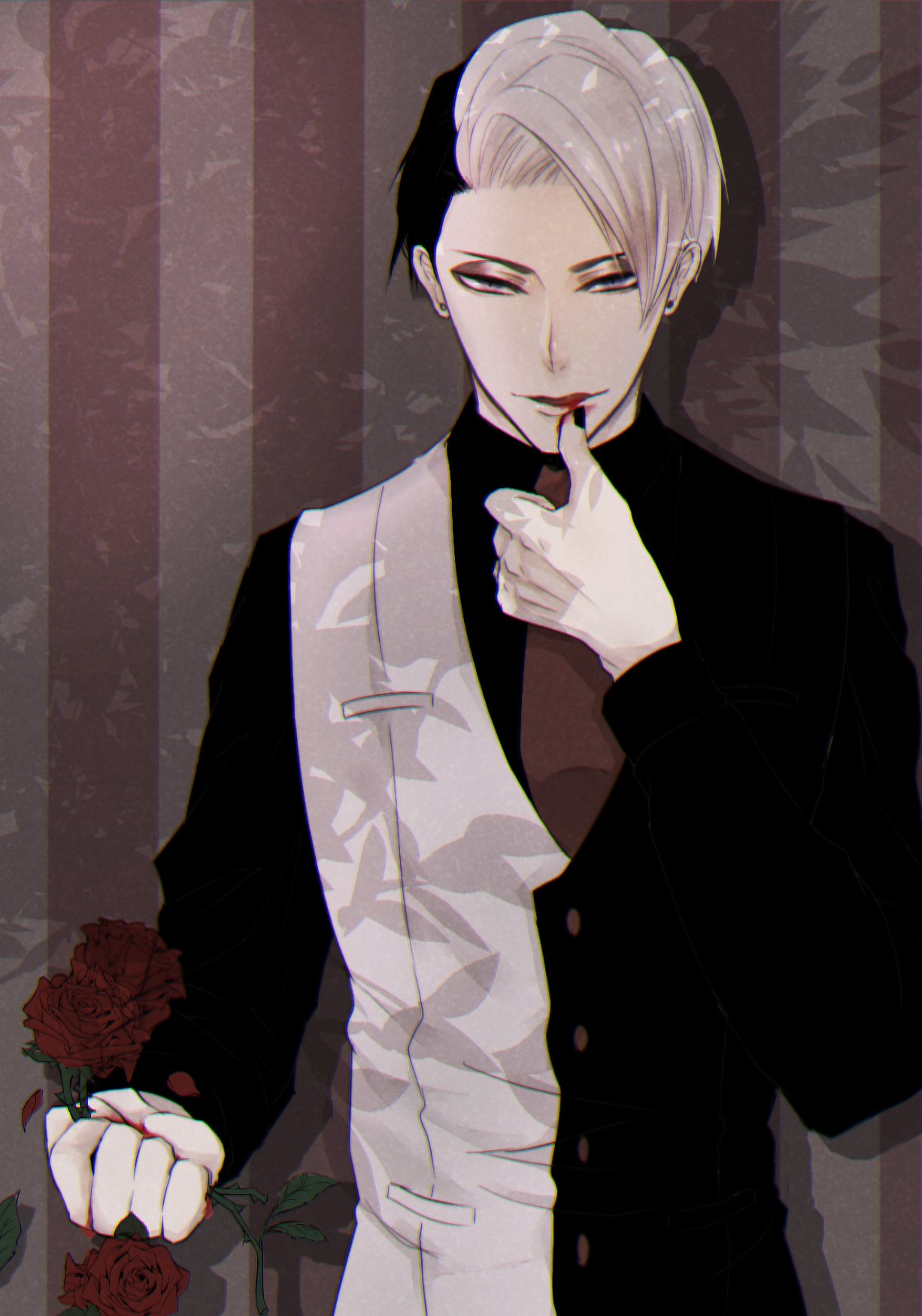 1boy, ameyu_(ame12y), black_hair, black_nails, divus_crewel, earrings, eyeshadow, flower