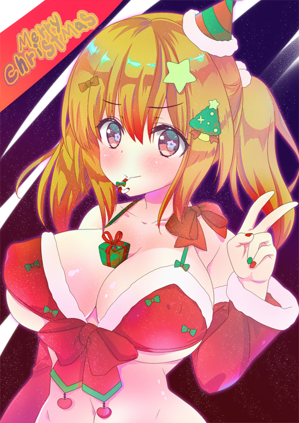 1girl, bikini, breasts, candy, candy_cane, christmas, christmas_tree_hair_ornament, food