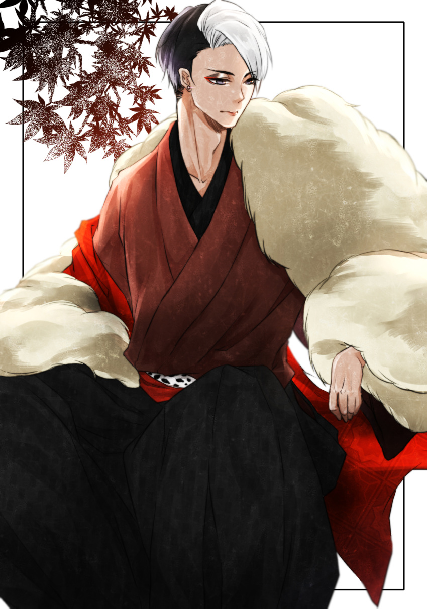 1boy, ameyu_(ame12y), divus_crewel, earrings, fur, highres, japanese_clothes, jewelry