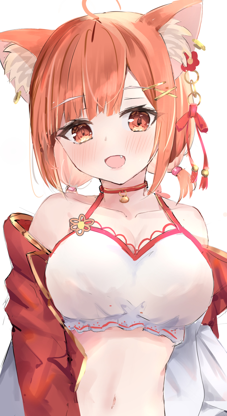 1revy, :d, ahoge, animal_ear_fluff, bangs, bikini, blush, brown_eyes, brown_hair, collarbone, eyebrows_visible_through_hair, fang, hair_ornament, hairclip, highres, jacket, low_twintails, nijisanji, off_shoulder, open_clothes, open_jacket, open_mouth, ratna_petit, red_panda_ears, short_twintails, simple_background, smile, solo, swimsuit, twintails, virtual_youtuber, white_background, white_bikini, white_jacket, x_hair_ornament