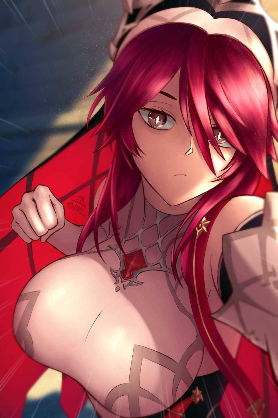 1girl, 2dswirl, aiming_at_viewer, bare_shoulders, breasts, elbow_gloves, expressionless, genshin_impact, gloves, half-closed_eyes, highres, large_breasts, looking_at_viewer, medium_hair, motion_lines, nun, outstretched_arm, punching, purple_hair, rosaria_(genshin_impact), solo, upper_body, veil, violet_eyes, white_gloves