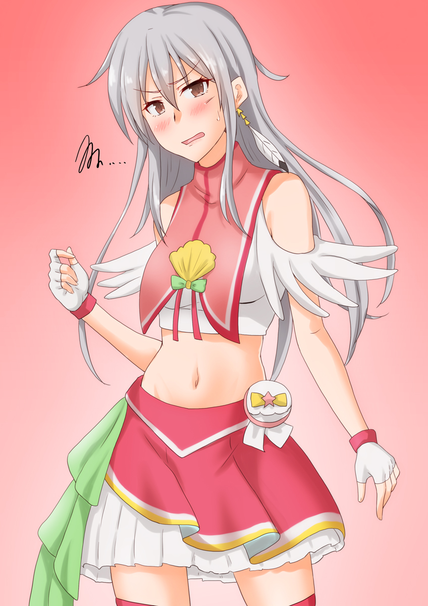 1girl, anti_(untea9), breasts, brown_eyes, cosplay, cure_flamingo, cure_flamingo_(cosplay), feathers, fingerless_gloves, gangut_(kancolle), gloves, gradient, gradient_background, grey_hair, highres, kantai_collection, long_hair, looking_at_viewer, magical_girl, medium_breasts, midriff, navel, precure, red_background, red_legwear, scar, scar_on_cheek, scar_on_face, seiyuu_connection, seto_asami, skirt, solo, squiggle, standing, thigh-highs, tropical-rouge!_precure, turtleneck, white_gloves, white_skirt