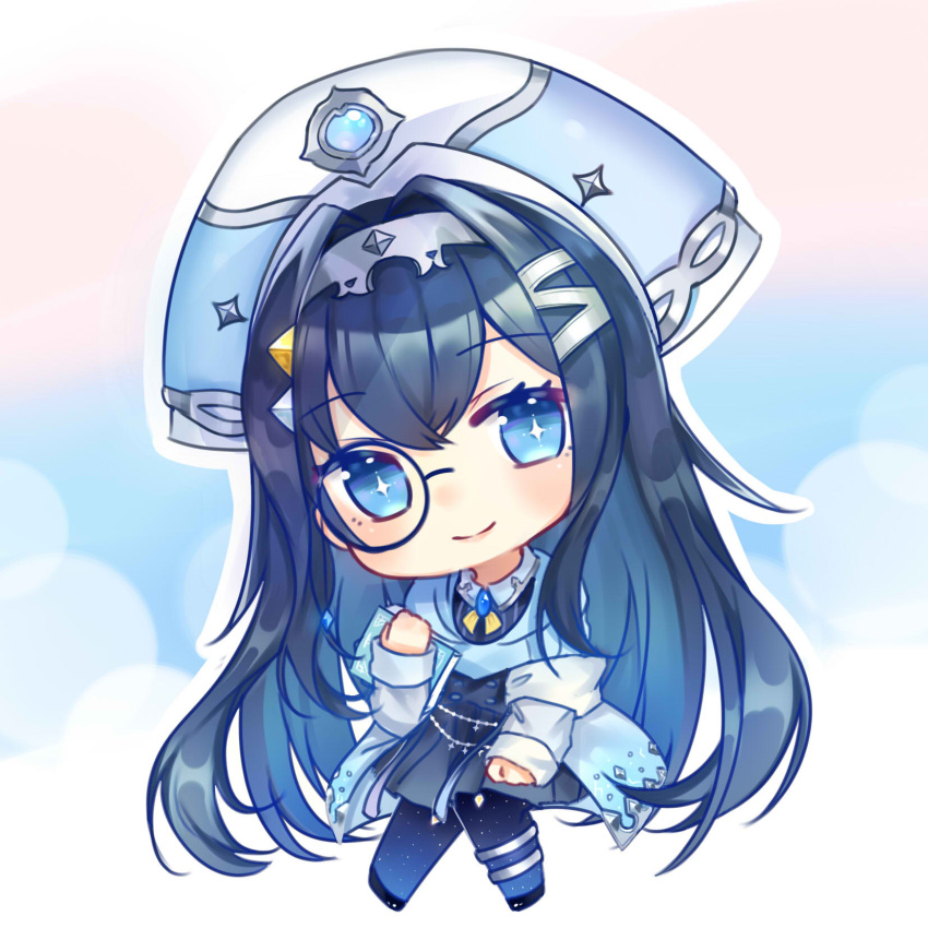 +_+, 1girl, black_skirt, blue_eyes, blue_hair, blue_headwear, blue_jacket, blue_sweater