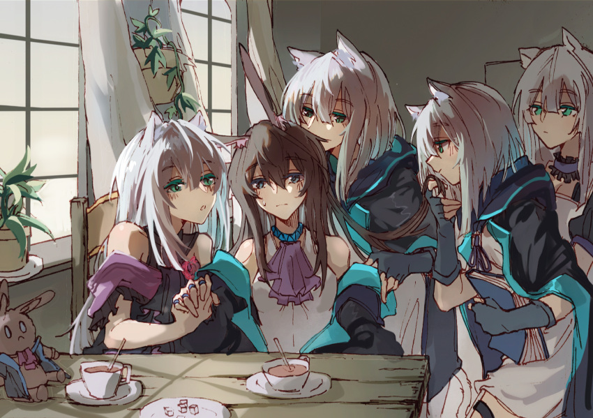 5girls, alternate_costume, amiya_(arknights), animal_ears, arknights, bare_shoulders, blush, book