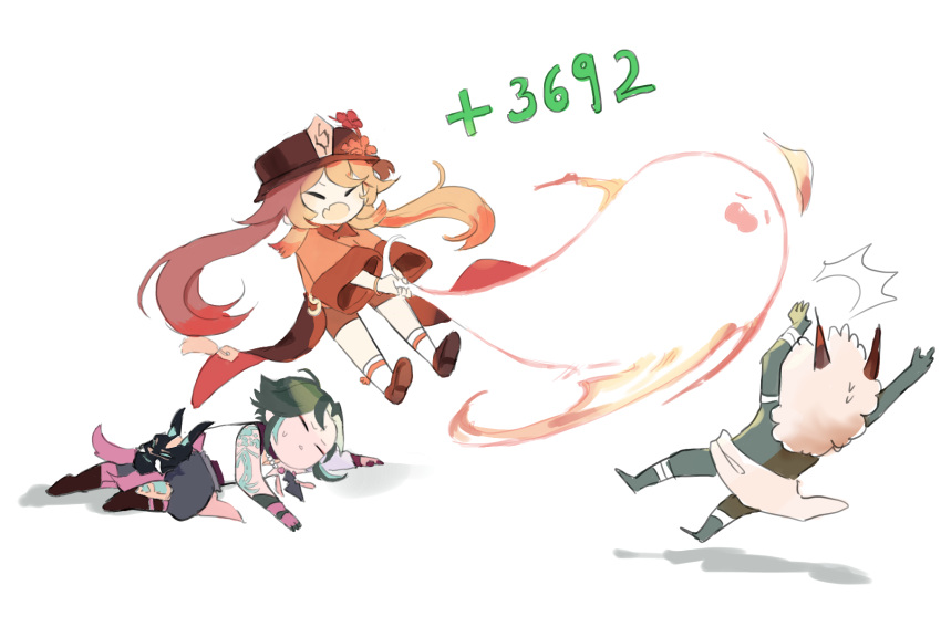 1boy, 1girl, brown_hair, chibi, closed_eyes, finn., genshin_impact, ghost