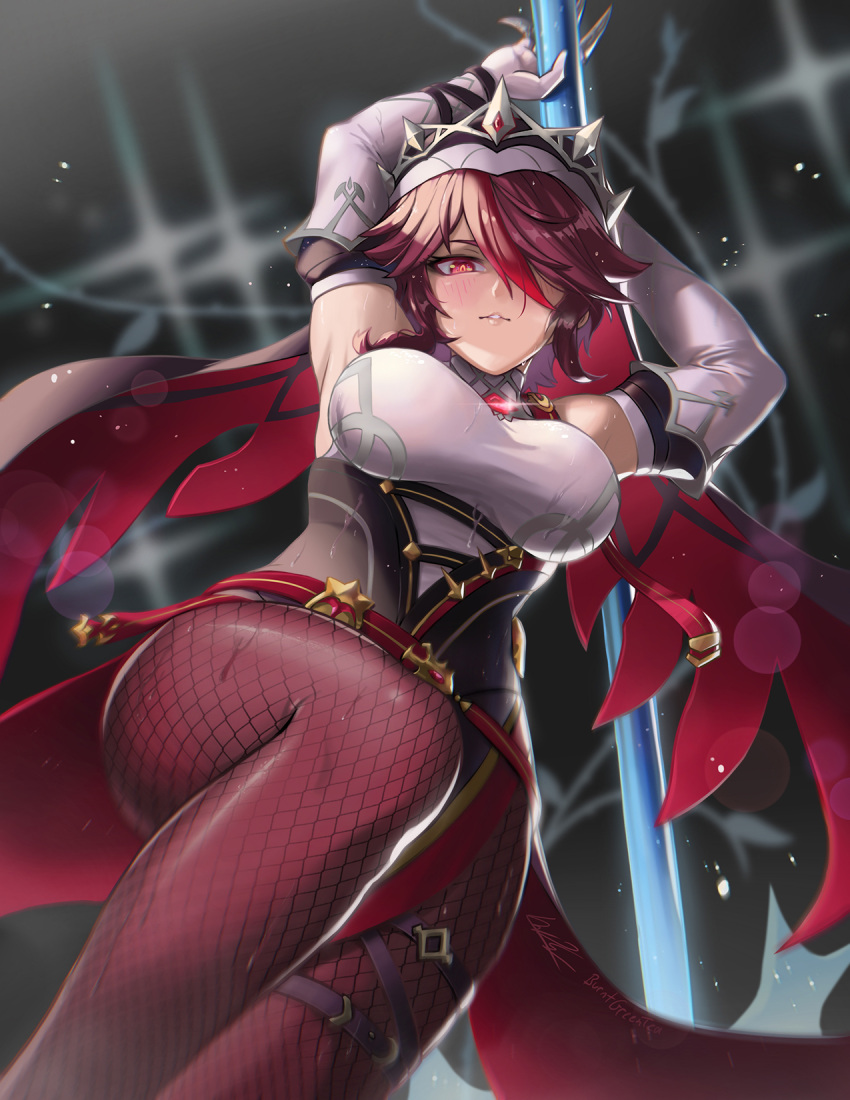 1girl, armor, arms_up, bare_shoulders, breasts, burnt_green_tea, claws, elbow_gloves