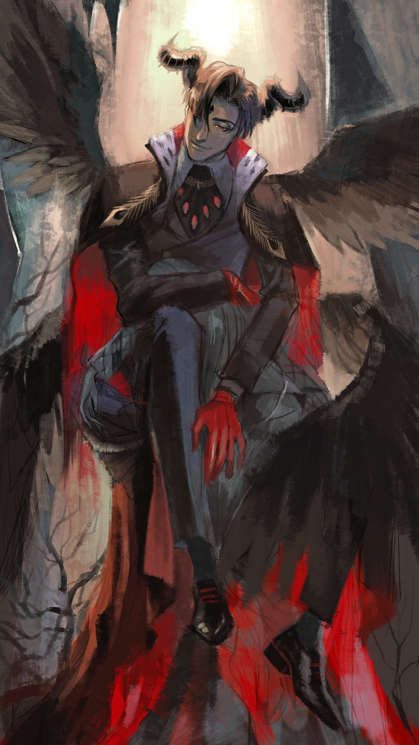 black_hair, crossed_legs, demon_boy, formal, highres, hornd, looking_at_viewer, lucifer_(obey_me!), male_focus, shall_we_date?:_obey_me!, sitting, smile, suit, yowoshinobukarinosugata