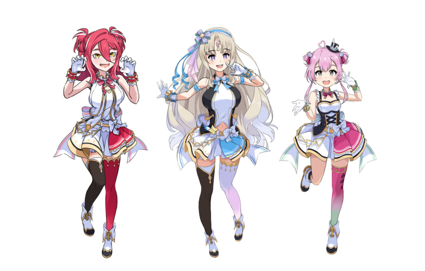 3girls, ahoge, arm_strap, bangs, biqi_gu_qi_ku_bi, black_headwear, blonde_hair, blue_headwear