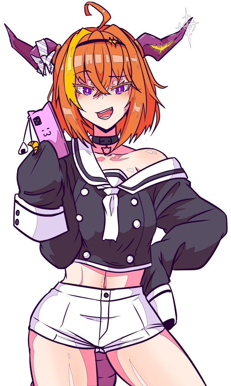 1girl, :3, ahoge, aikohgin, bangs, blonde_hair, cellphone, choker