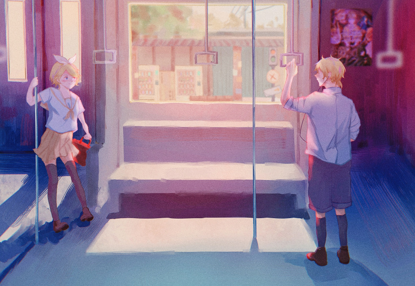 1boy, 1girl, bag, black_legwear, blurry, blurry_background, blush, bus